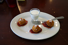 Tucker Duke's PB&J Bon-Bons. fried peanut butter, seasonal jam, milk shooter.