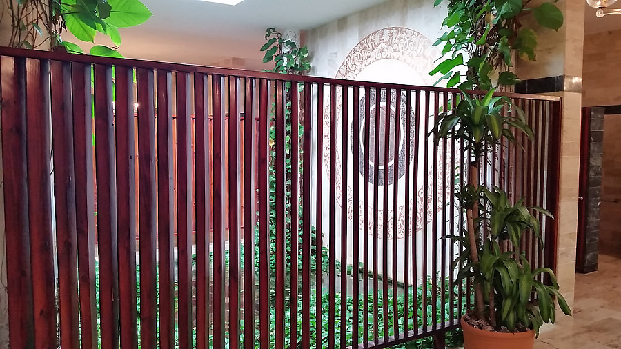 neat restroom design at Melia Caribe - men's and women's share a garden with louvers blocking the view across