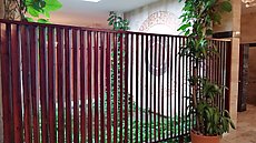 neat restroom design at Melia Caribe - men's and women's share a garden with louvers blocking the view across