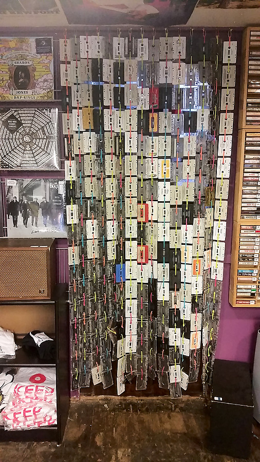 cassette tape zip tie door curtain at the Record Exchange