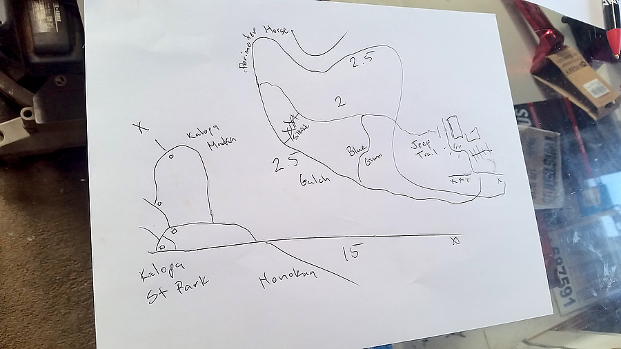 great hand-drawn map of Kalopa trails