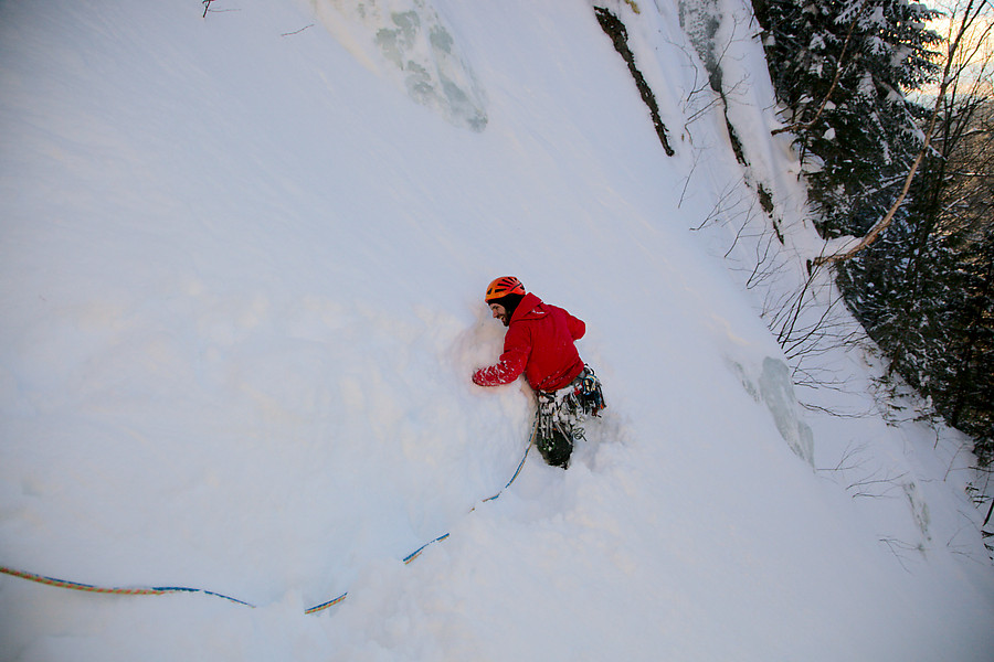 Val had some snow tunneling to do to gain the first ice on Moss Ghyll