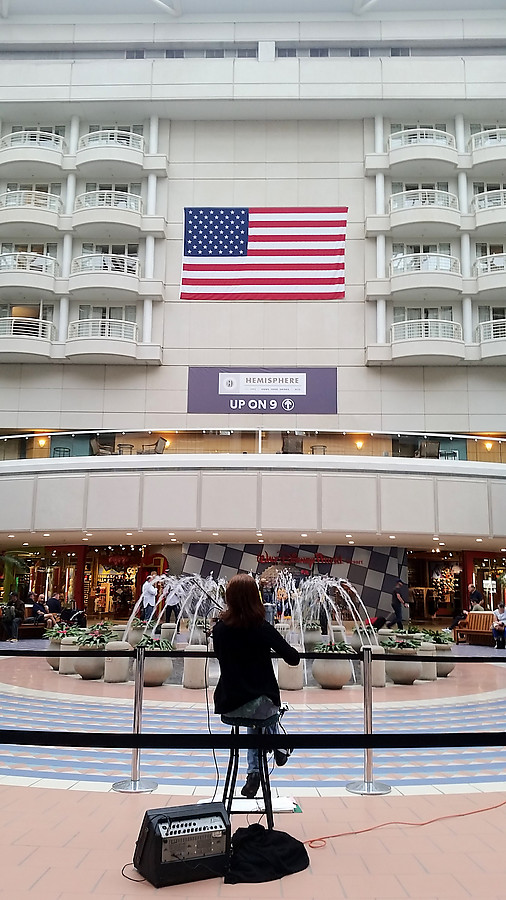 the only nice thing I have ever been able to say about the MCO security area - violinist by the fountain