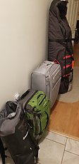 all day biking gear (shoes, pedals, helmet, bag, etc), camping gear, kiteboard, two kites, pump, and harness...