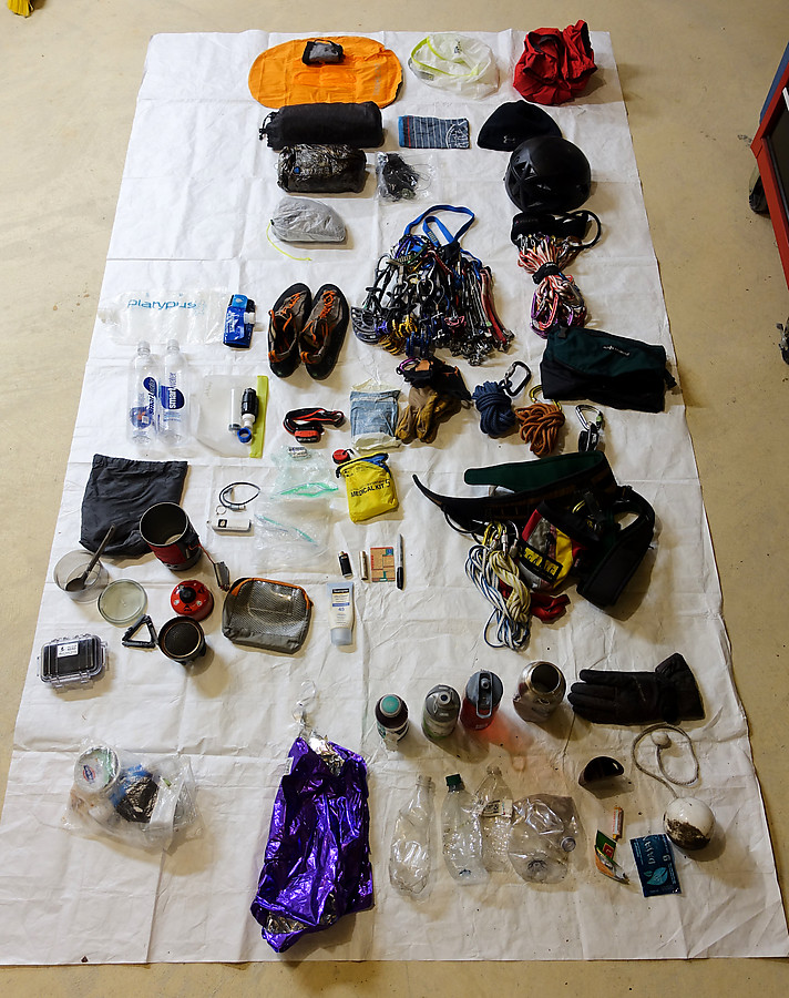 pack dump on return (minus sleeping bag) - bottom 25% is all trash (mine on left, collected on the right)