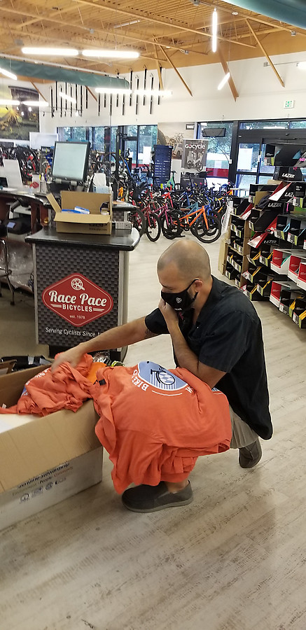 picking up Bike to Work week shirt from Race Pace