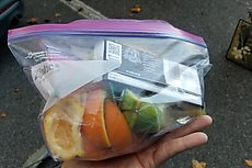 amazing goodie bag from Rachel - oranges, apples, banana, chocolate!