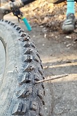 a stick (not a nail, a stick) that got stuck in Ken's tire. Fixed easily with a bacon strip and rode the next 20 miles no problem.