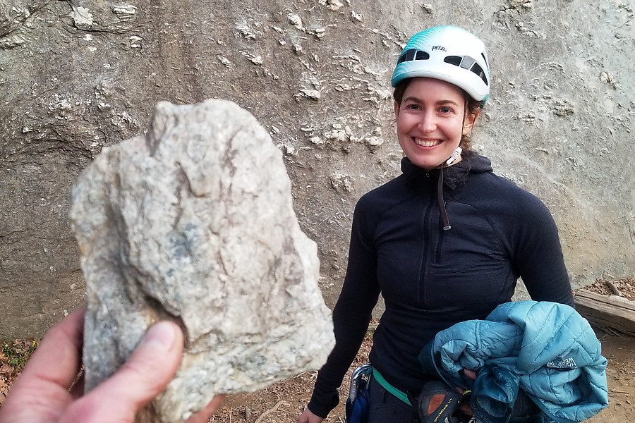 large rock tossed down by kids of climbers at Carderock, luckily missed her by a few feet