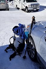 strapping system on pack looks silly but with a few feet of snow up top you have to duck under a lot of snow-covered branches, so anything to lower the height of the pack helps